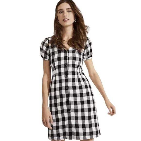 LOFT Dresses & Skirts - Loft Linen Blend Gingham Mini Dress Size 0 NWOT Black White Button Front Summer